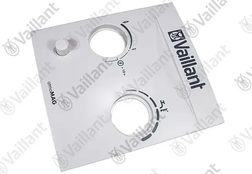 Frontblende in Weiß von Vaillant mit zwei runden Ausschnitten und einem Einstellknopf. Grafische Darstellung zur Einstellung ist vorhanden.